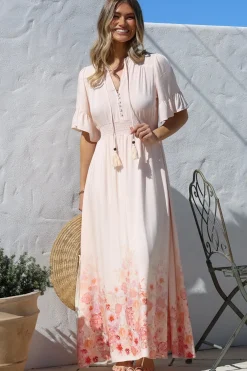Jemina Maxi Dress - V-Neck Elasticated Waist A-Line Dress in Florence Print Pink><noscript><img width=