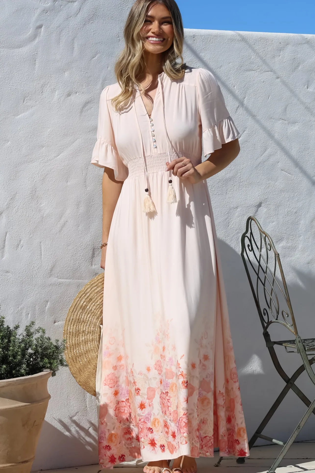 Jemina Maxi Dress - V-Neck Elasticated Waist A-Line Dress in Florence Print Pink>Salty Crush Clearance