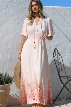 Jemina Maxi Dress - V-Neck Elasticated Waist A-Line Dress in Florence Print Pink><noscript><img width=