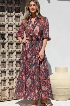 Jenni Maxi Dress - Frill Collar 3/4 Sleeve Dress with Waist Tie in Narah Print>Salty Crush Hot