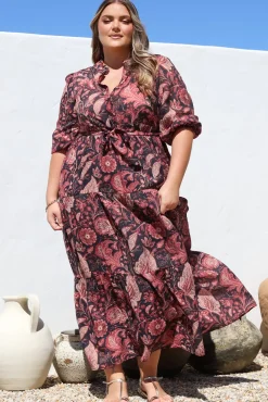 Jenni Maxi Dress - Frill Collar 3/4 Sleeve Dress with Waist Tie in Narah Print>Salty Crush Hot