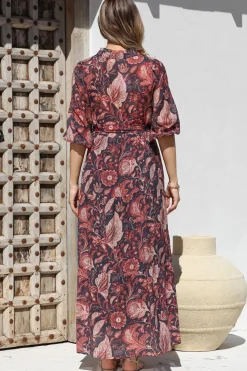 Jenni Maxi Dress - Frill Collar 3/4 Sleeve Dress with Waist Tie in Narah Print><noscript><img width=