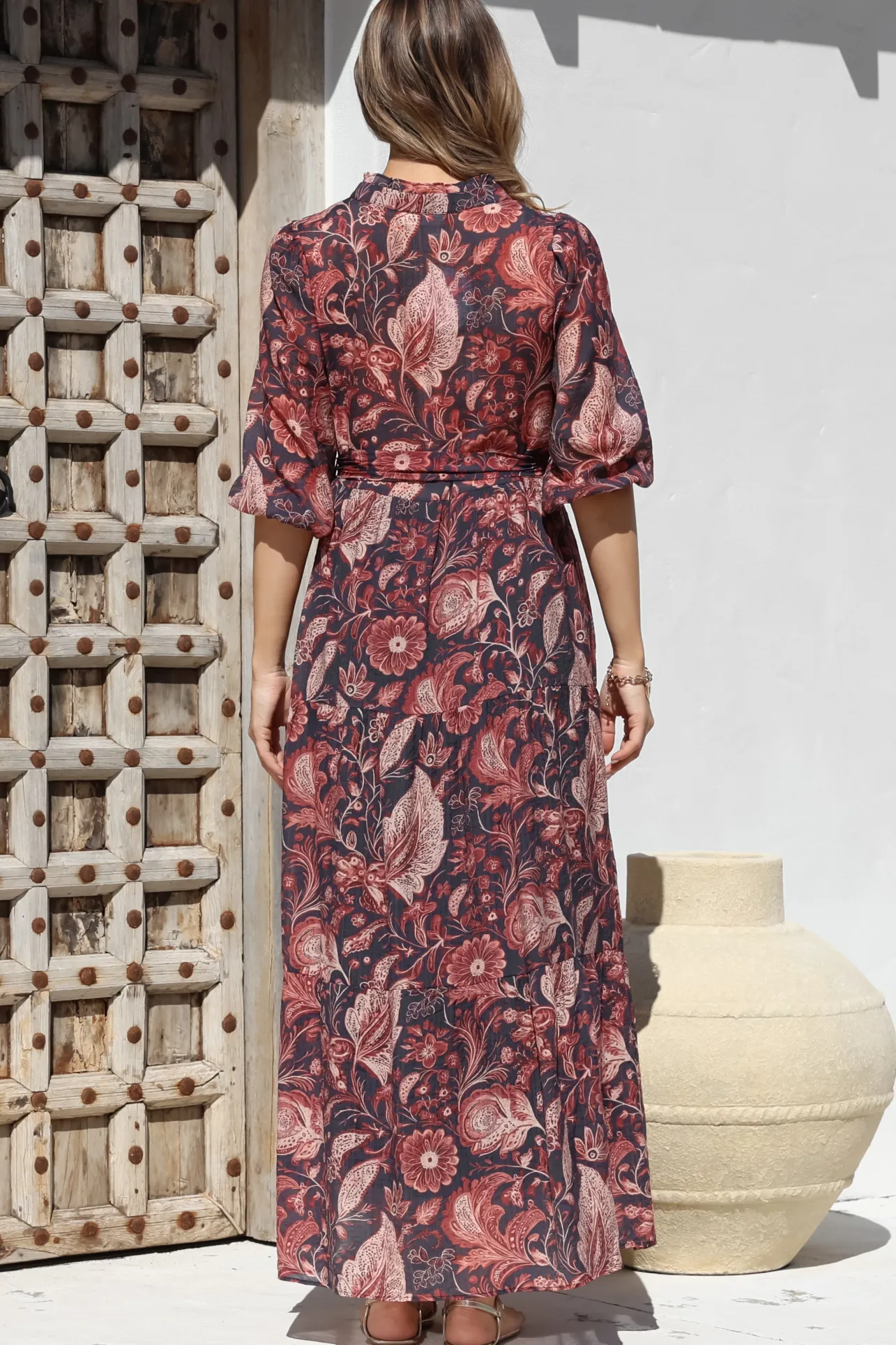 Jenni Maxi Dress - Frill Collar 3/4 Sleeve Dress with Waist Tie in Narah Print>Salty Crush Hot