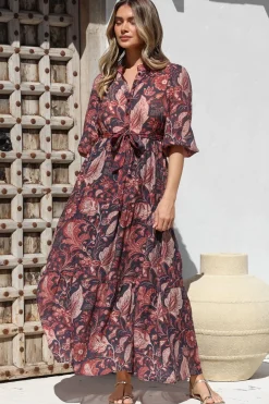 Jenni Maxi Dress - Frill Collar 3/4 Sleeve Dress with Waist Tie in Narah Print><noscript><img width=