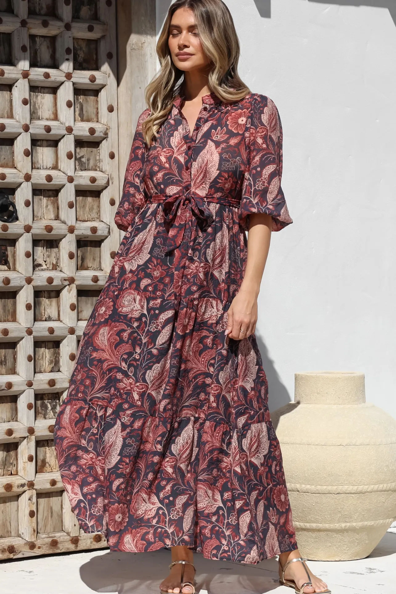 Jenni Maxi Dress - Frill Collar 3/4 Sleeve Dress with Waist Tie in Narah Print>Salty Crush Hot