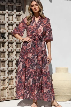 Jenni Maxi Dress - Frill Collar 3/4 Sleeve Dress with Waist Tie in Narah Print><noscript><img width=