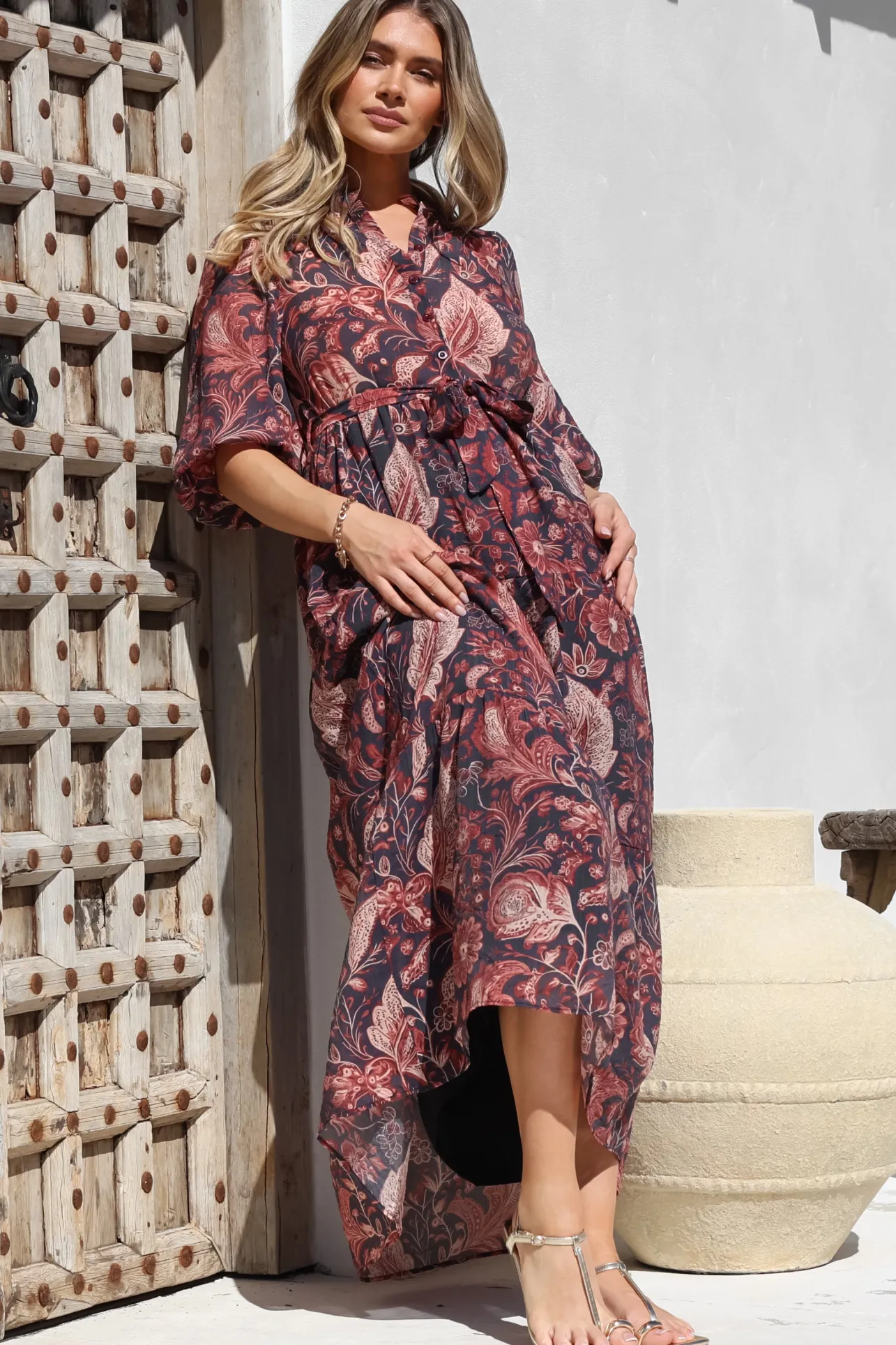 Jenni Maxi Dress - Frill Collar 3/4 Sleeve Dress with Waist Tie in Narah Print>Salty Crush Hot