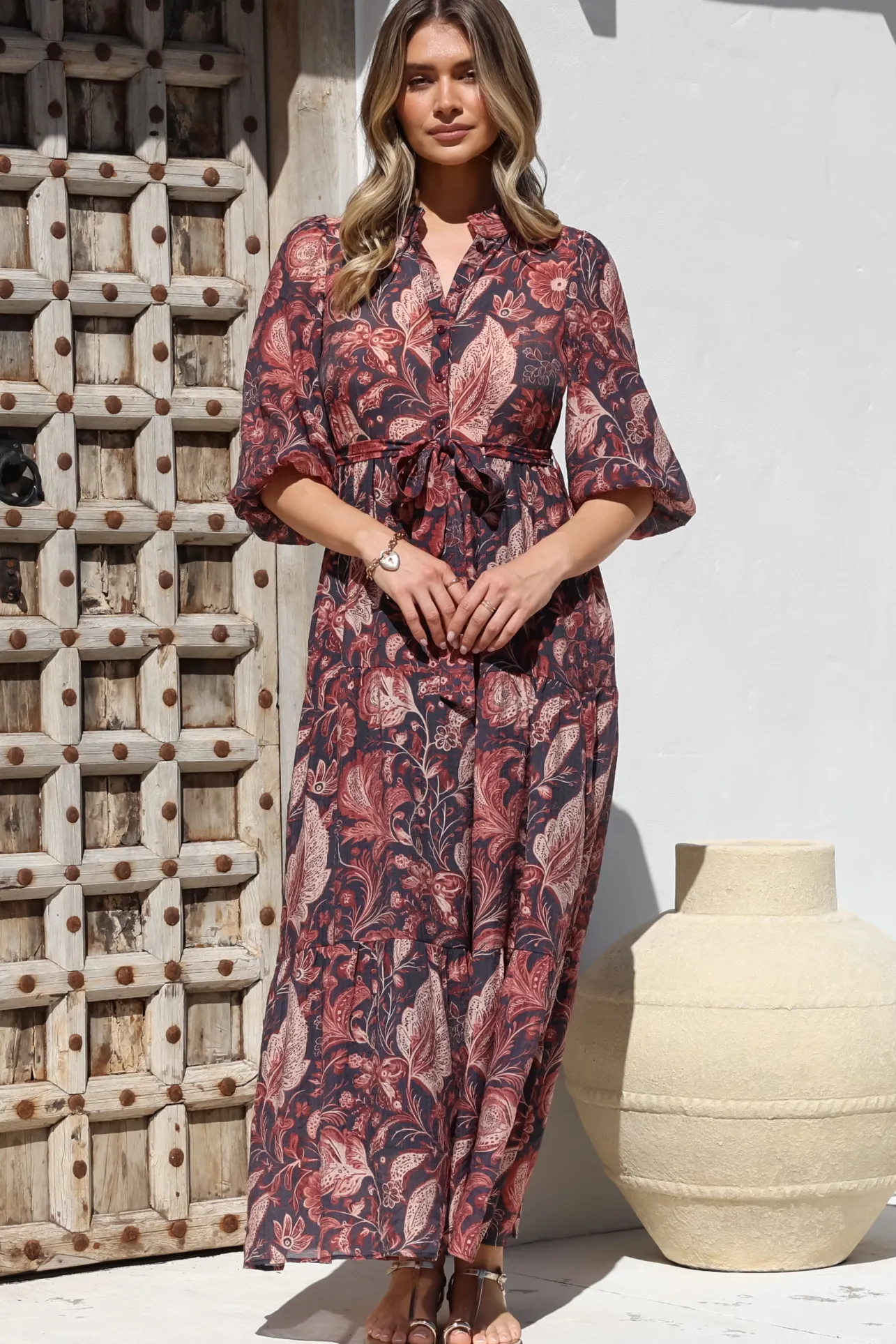 Jenni Maxi Dress - Frill Collar 3/4 Sleeve Dress with Waist Tie in Narah Print>Salty Crush Hot