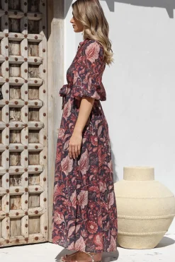 Jenni Maxi Dress - Frill Collar 3/4 Sleeve Dress with Waist Tie in Narah Print><noscript><img width=