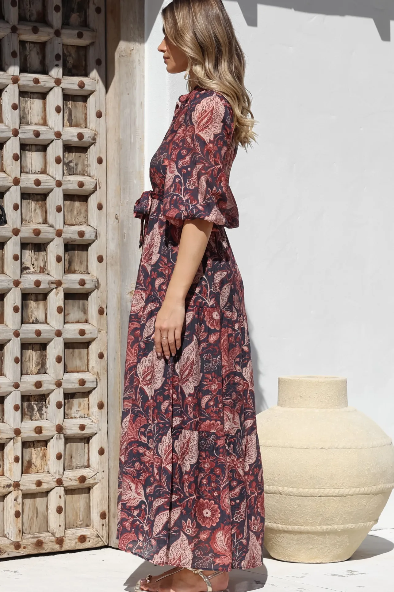 Jenni Maxi Dress - Frill Collar 3/4 Sleeve Dress with Waist Tie in Narah Print>Salty Crush Hot