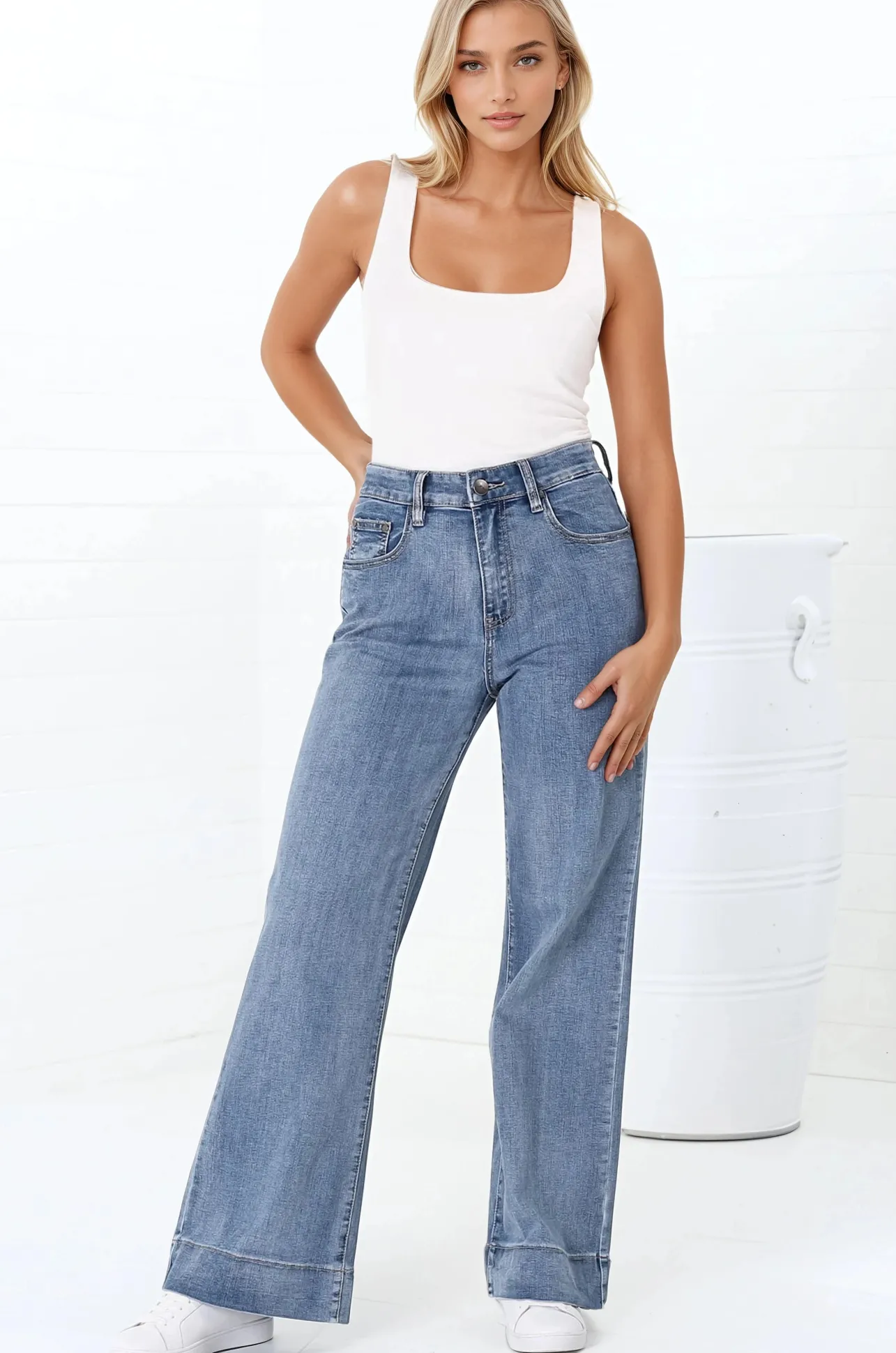 Jesse Jeans - High Waisted Wide Leg Jeans in Medium Wash Denim>Salty Crush Discount