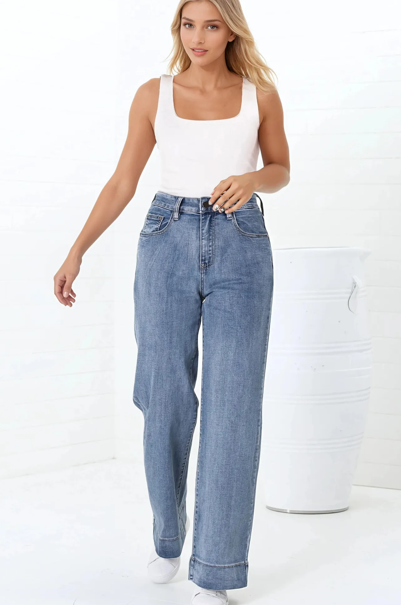 Jesse Jeans - High Waisted Wide Leg Jeans in Medium Wash Denim>Salty Crush Discount