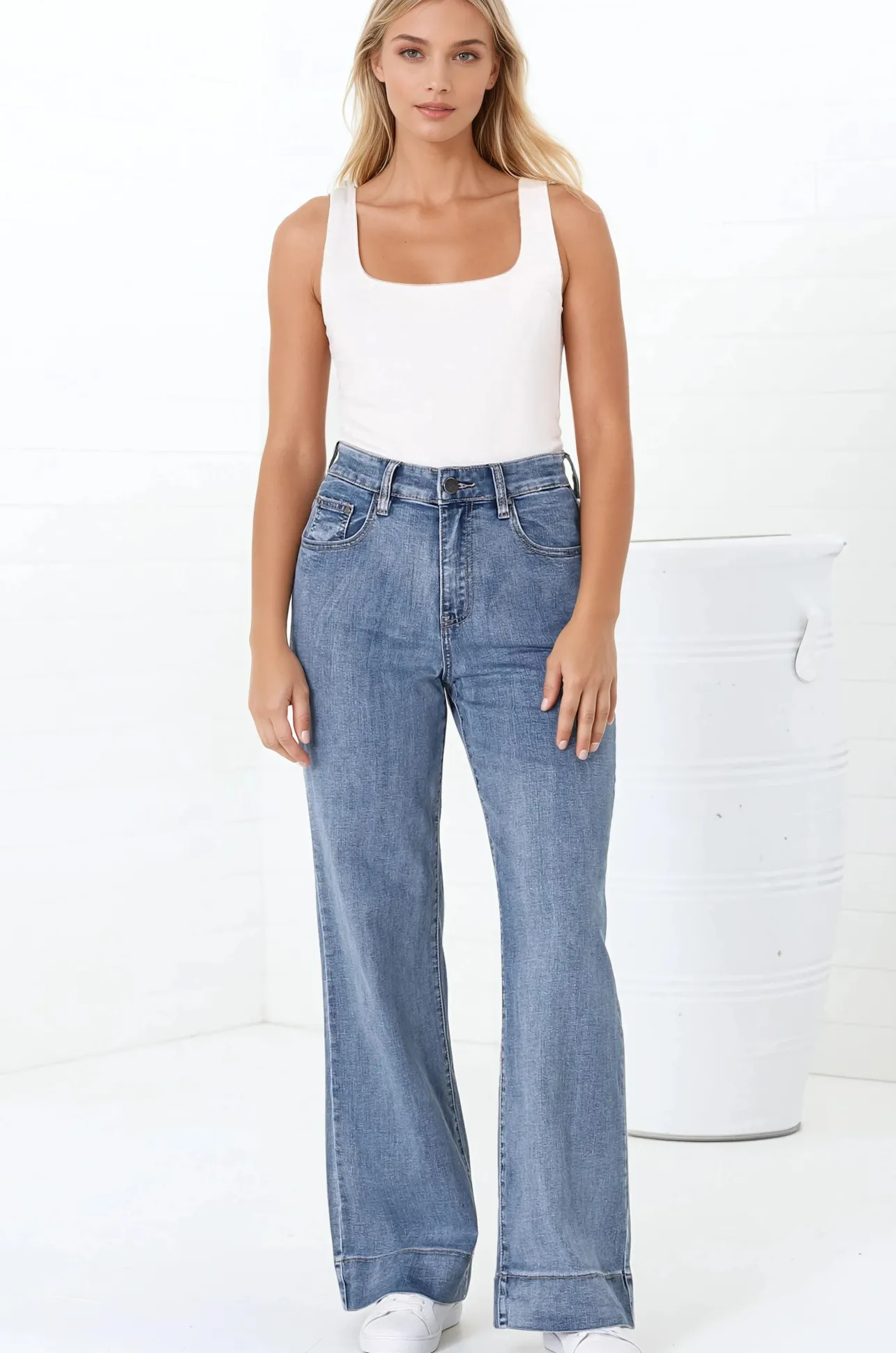 Jesse Jeans - High Waisted Wide Leg Jeans in Medium Wash Denim>Salty Crush Discount