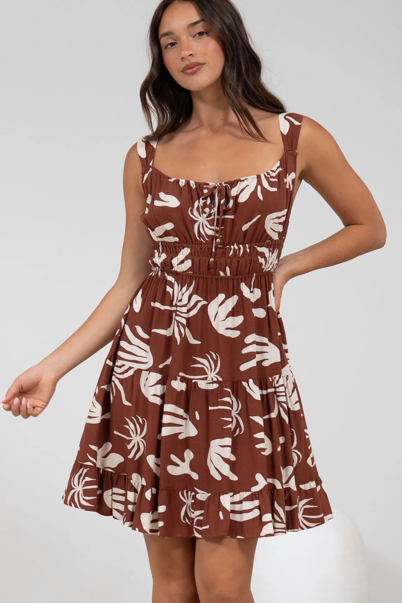 Jessie Mini Dress - Gathered Bodice Spaghetti Strap Sun Dress in Stassie Print Brown>Salty Crush New