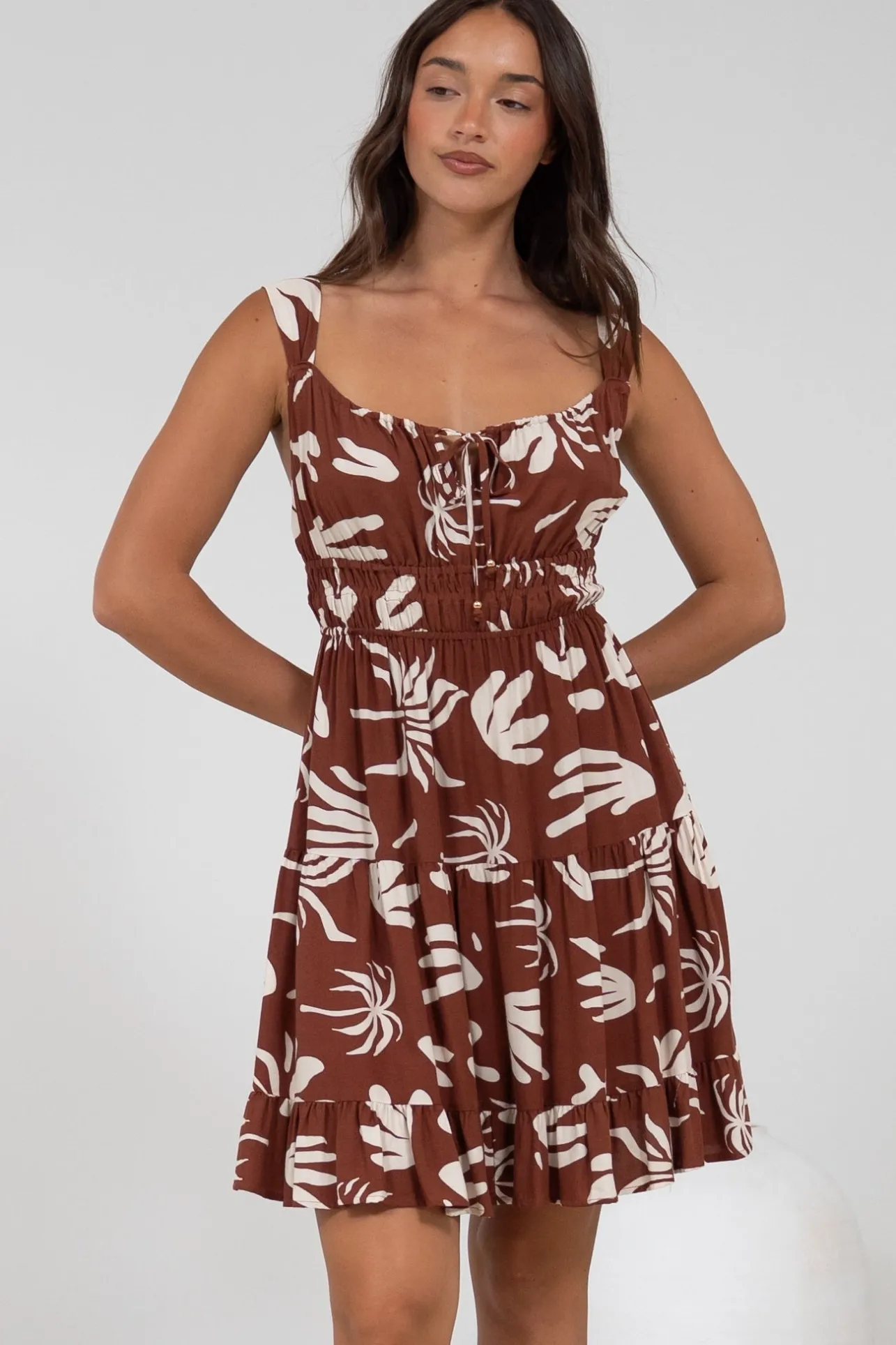Jessie Mini Dress - Gathered Bodice Spaghetti Strap Sun Dress in Stassie Print Brown>Salty Crush New