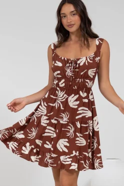 Jessie Mini Dress - Gathered Bodice Spaghetti Strap Sun Dress in Stassie Print Brown><noscript><img width=