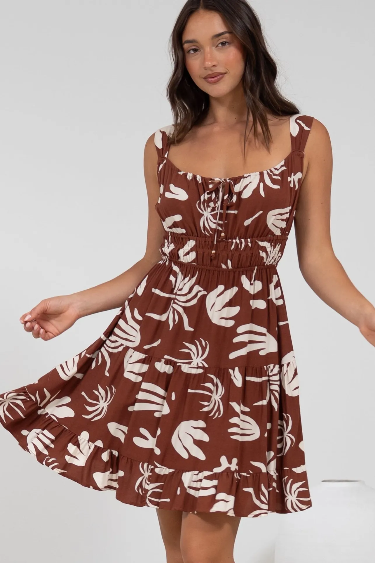 Jessie Mini Dress - Gathered Bodice Spaghetti Strap Sun Dress in Stassie Print Brown>Salty Crush New