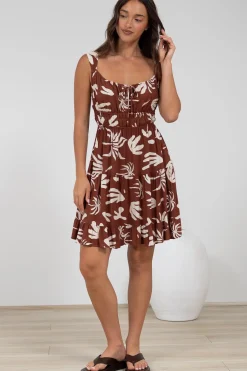 Jessie Mini Dress - Gathered Bodice Spaghetti Strap Sun Dress in Stassie Print Brown><noscript><img width=