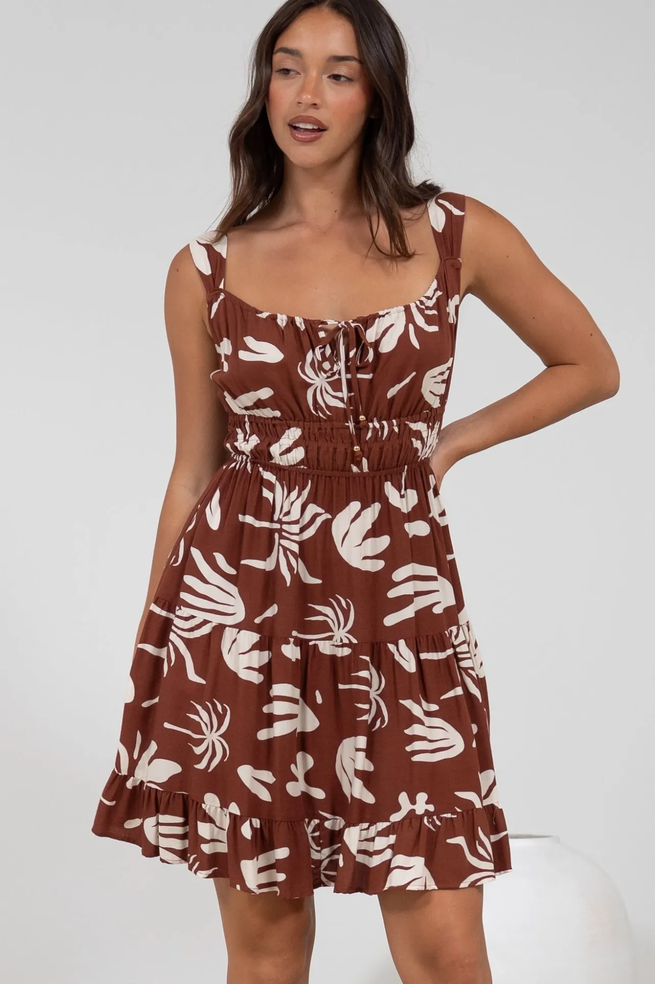 Jessie Mini Dress - Gathered Bodice Spaghetti Strap Sun Dress in Stassie Print Brown>Salty Crush New