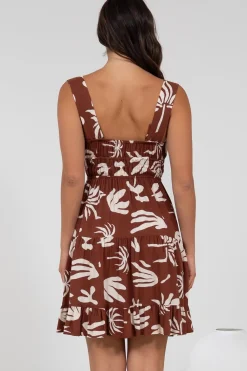 Jessie Mini Dress - Gathered Bodice Spaghetti Strap Sun Dress in Stassie Print Brown><noscript><img width=