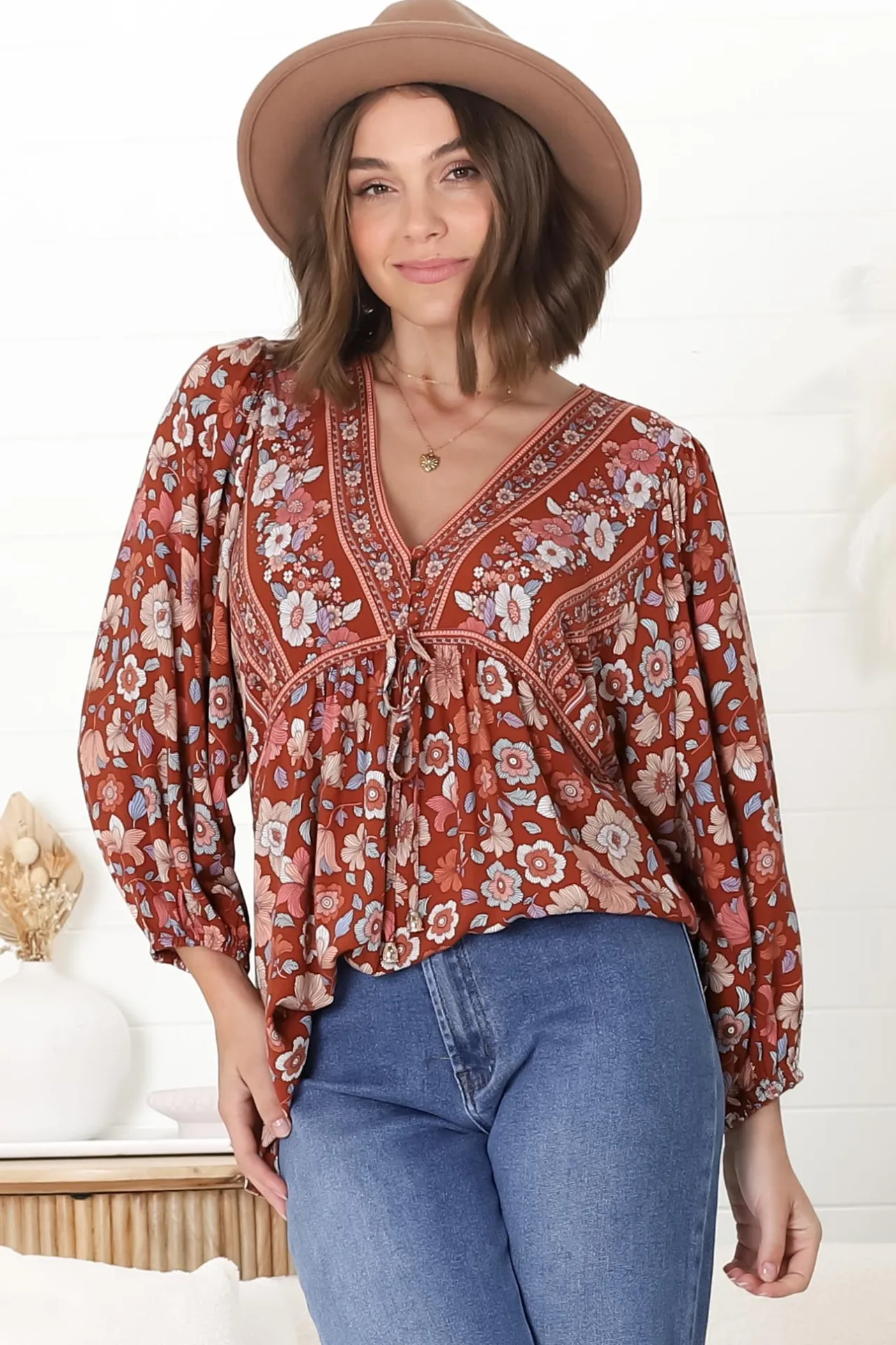 Joelle Top - V Neck High-Low Top in Anissa Print Rust>Salty Crush New