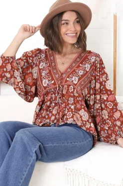 Joelle Top - V Neck High-Low Top in Anissa Print Rust><noscript><img width=