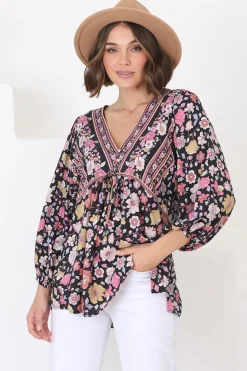 Joelle Top - V Neck High-Low Top in Anissa Print Black>Salty Crush New