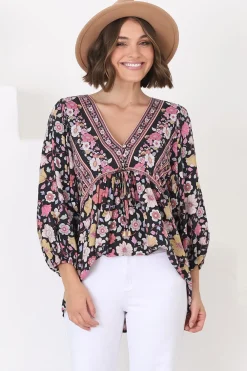 Joelle Top - V Neck High-Low Top in Anissa Print Black><noscript><img width=