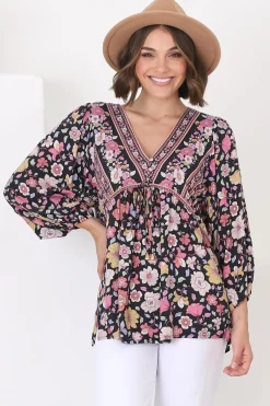 Joelle Top - V Neck High-Low Top in Anissa Print Black><noscript><img width=