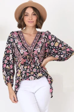 Joelle Top - V Neck High-Low Top in Anissa Print Black><noscript><img width=
