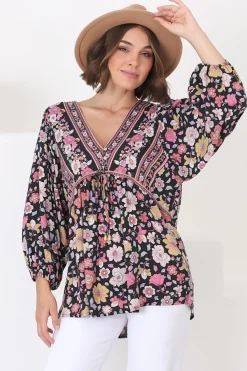 Joelle Top - V Neck High-Low Top in Anissa Print Black><noscript><img width=