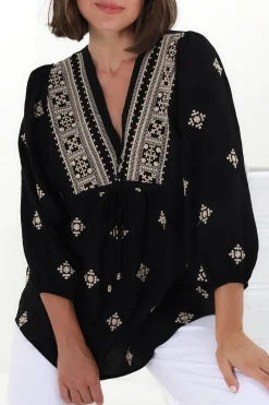 Joelle Top - V Neck High-Low Top in Yara Print Black>Salty Crush Outlet