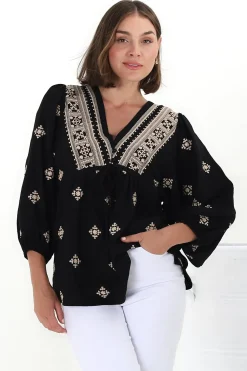 Joelle Top - V Neck High-Low Top in Yara Print Black><noscript><img width=