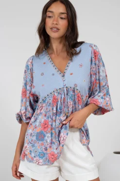Joelle Top - V Neck High-Low Top in Marlo Print>Salty Crush Hot