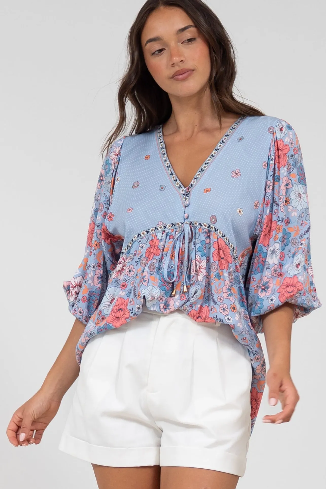 Joelle Top - V Neck High-Low Top in Marlo Print>Salty Crush Hot