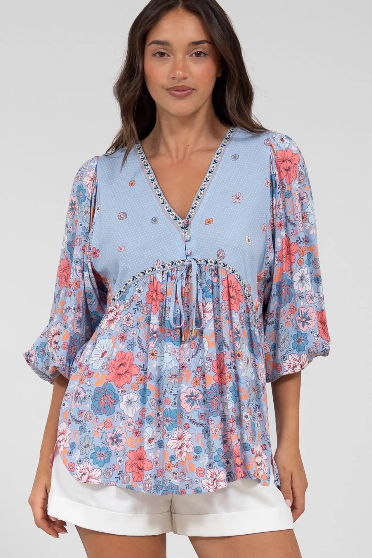 Joelle Top - V Neck High-Low Top in Marlo Print>Salty Crush Hot