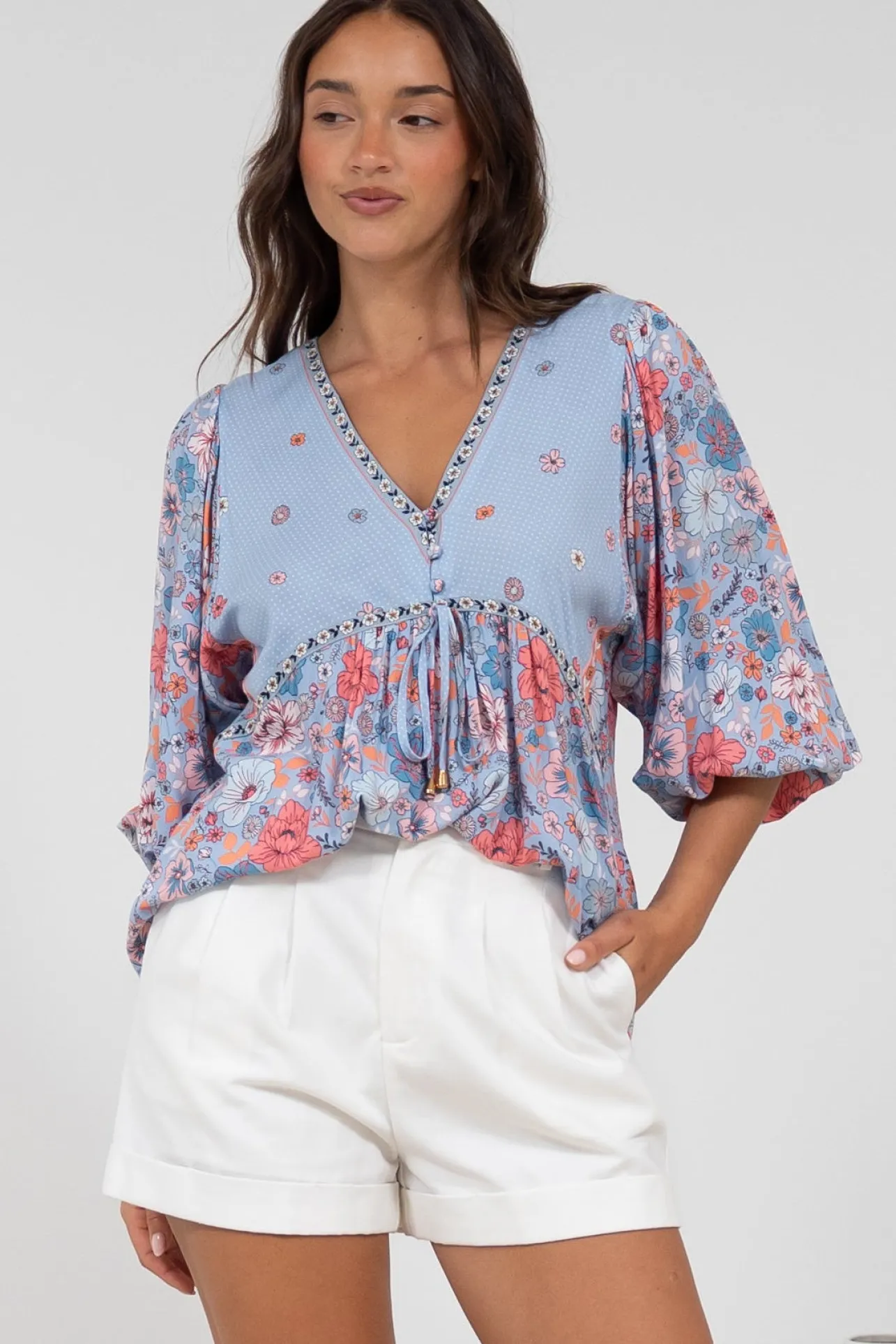Joelle Top - V Neck High-Low Top in Marlo Print>Salty Crush Hot