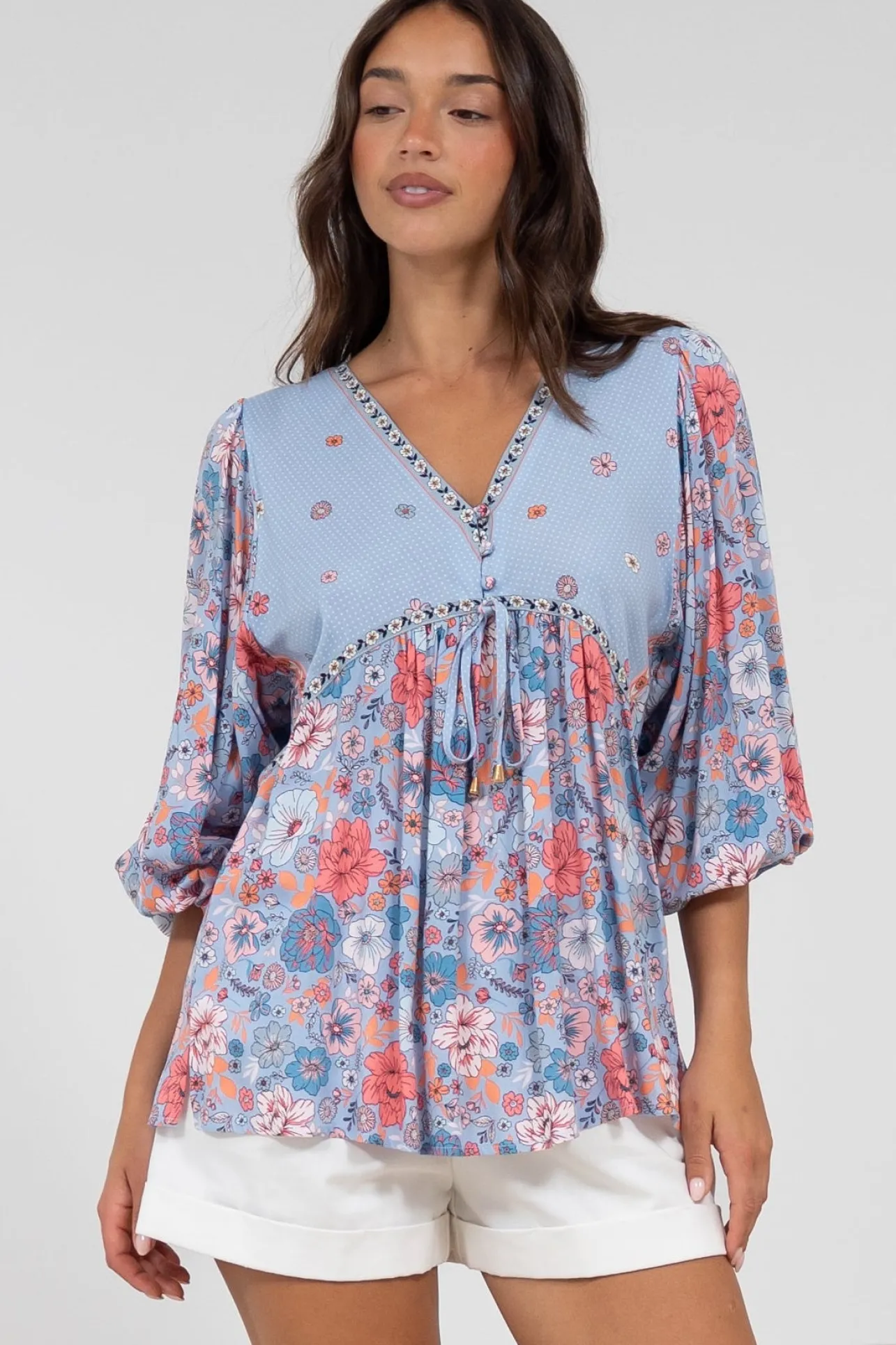 Joelle Top - V Neck High-Low Top in Marlo Print>Salty Crush Hot