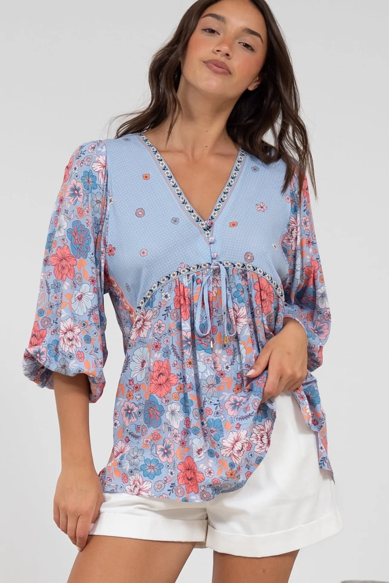 Joelle Top - V Neck High-Low Top in Marlo Print>Salty Crush Hot