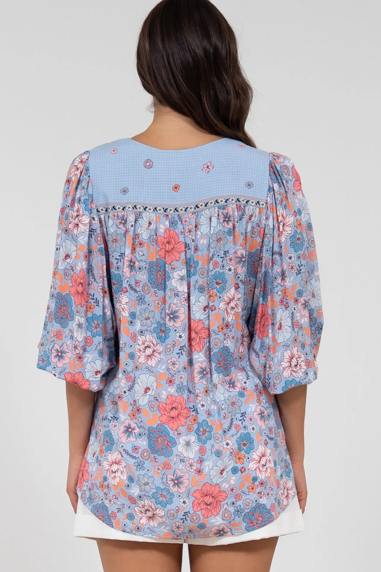 Joelle Top - V Neck High-Low Top in Marlo Print>Salty Crush Hot