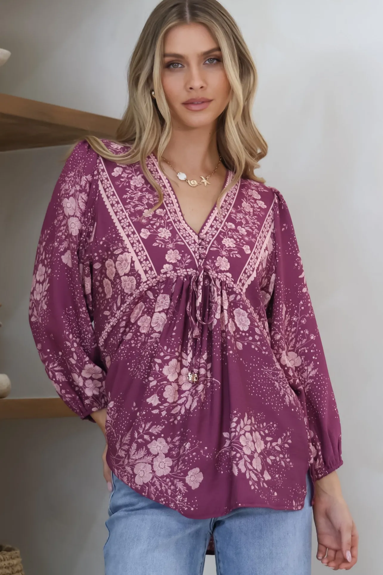 Joelle Top - V Neck High-Low Top in Briella Print in Berry>Salty Crush Clearance
