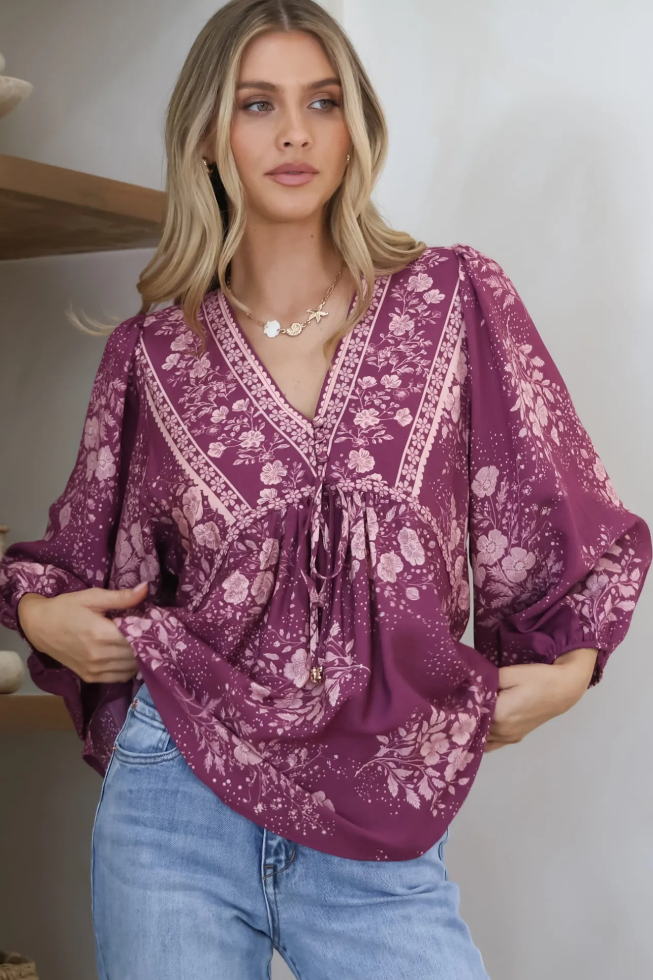 Joelle Top - V Neck High-Low Top in Briella Print in Berry>Salty Crush Clearance