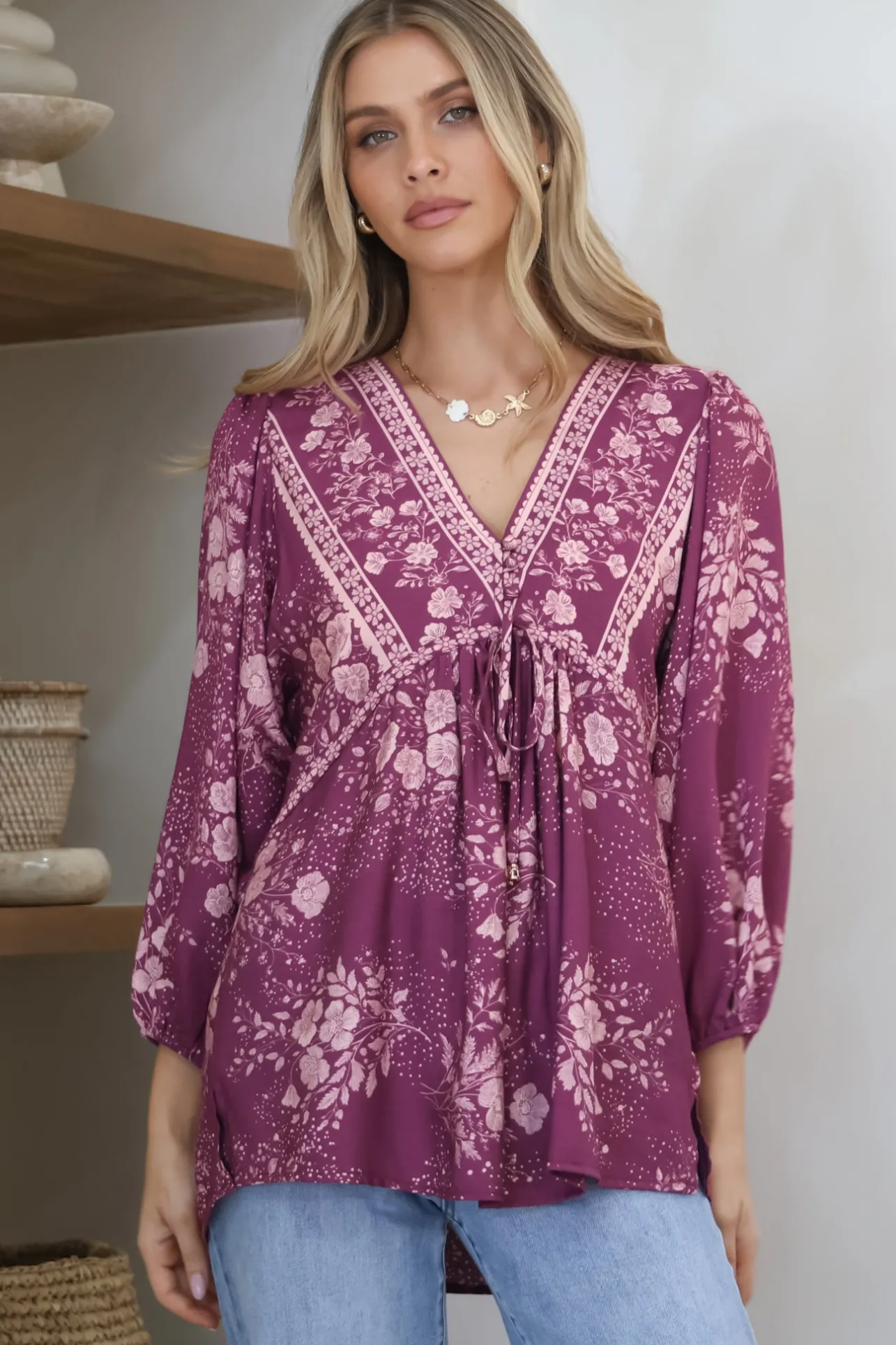 Joelle Top - V Neck High-Low Top in Briella Print in Berry>Salty Crush Clearance
