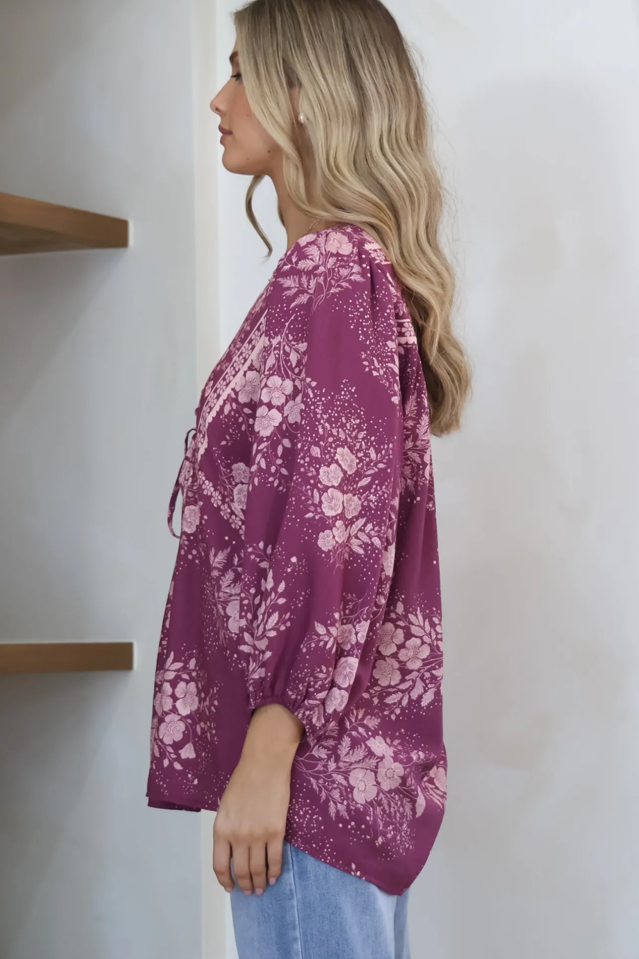 Joelle Top - V Neck High-Low Top in Briella Print in Berry>Salty Crush Clearance