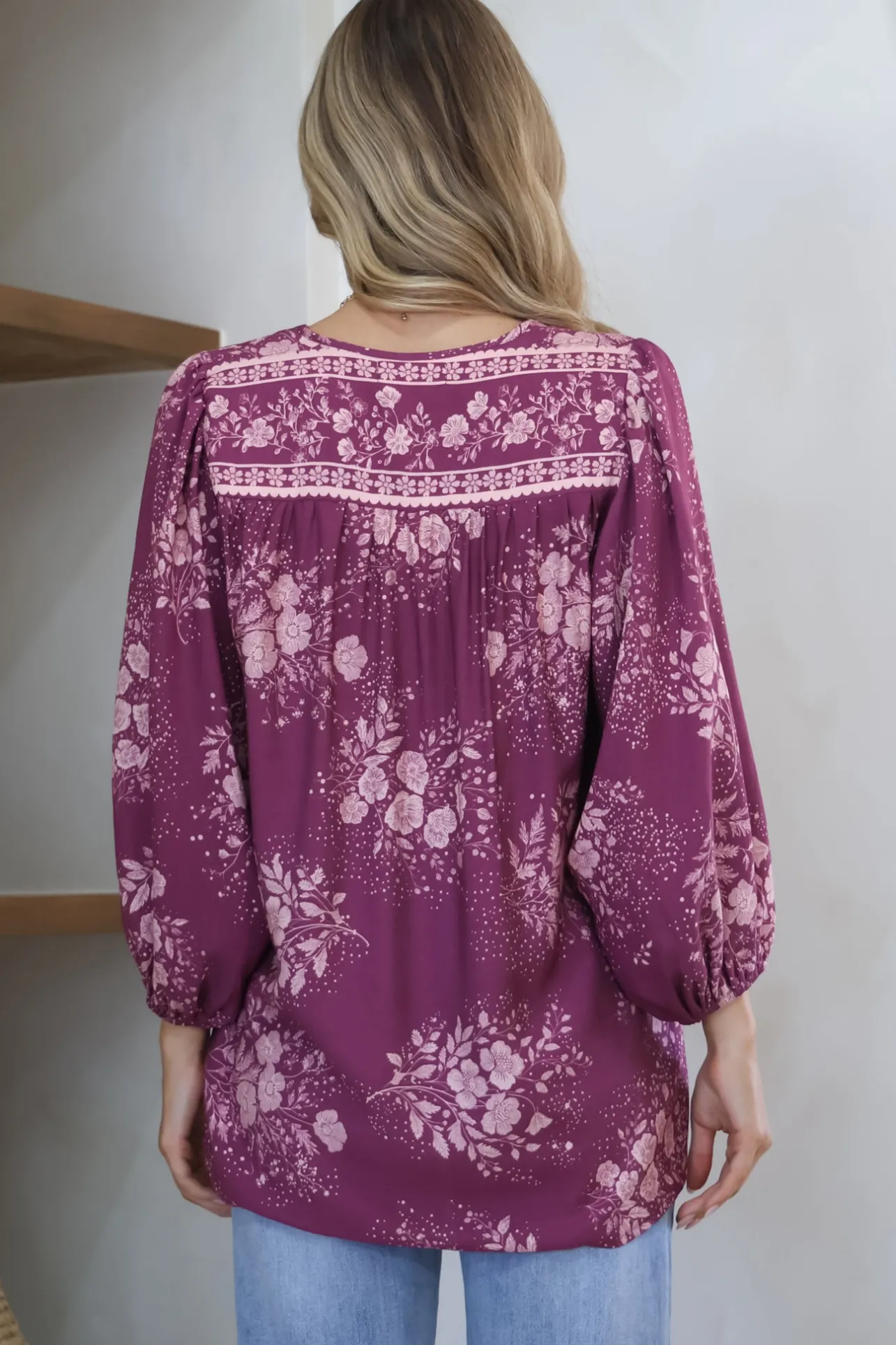 Joelle Top - V Neck High-Low Top in Briella Print in Berry>Salty Crush Clearance