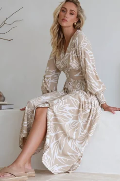 Jolie Midi Dress - V Neck Buttoned Down Long Sleeve Dress in Jeani Print Beige>Salty Crush Clearance