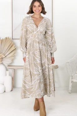 Jolie Midi Dress - V Neck Buttoned Down Long Sleeve Dress in Jeani Print Beige><noscript><img width=