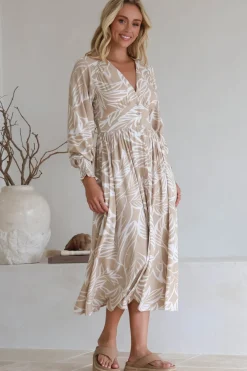 Jolie Midi Dress - V Neck Buttoned Down Long Sleeve Dress in Jeani Print Beige><noscript><img width=