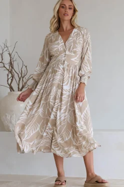 Jolie Midi Dress - V Neck Buttoned Down Long Sleeve Dress in Jeani Print Beige><noscript><img width=
