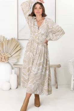 Jolie Midi Dress - V Neck Buttoned Down Long Sleeve Dress in Jeani Print Beige><noscript><img width=